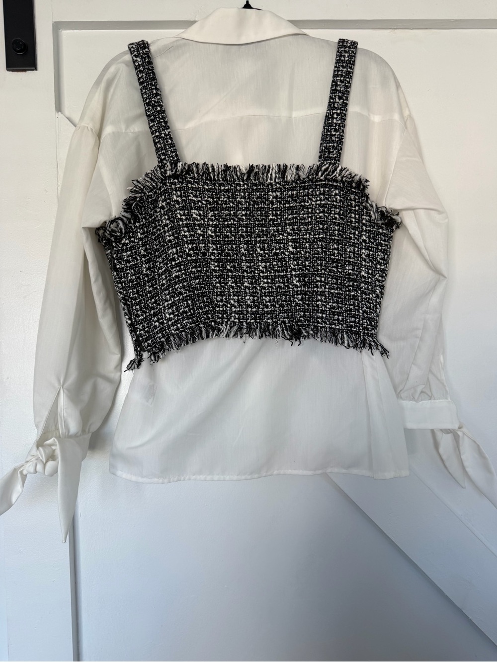 Anthropologie Black & White Tweed Cropped Camisole over white shirt